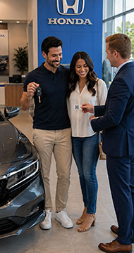 Customers with a dealership representative during vehicle delivery