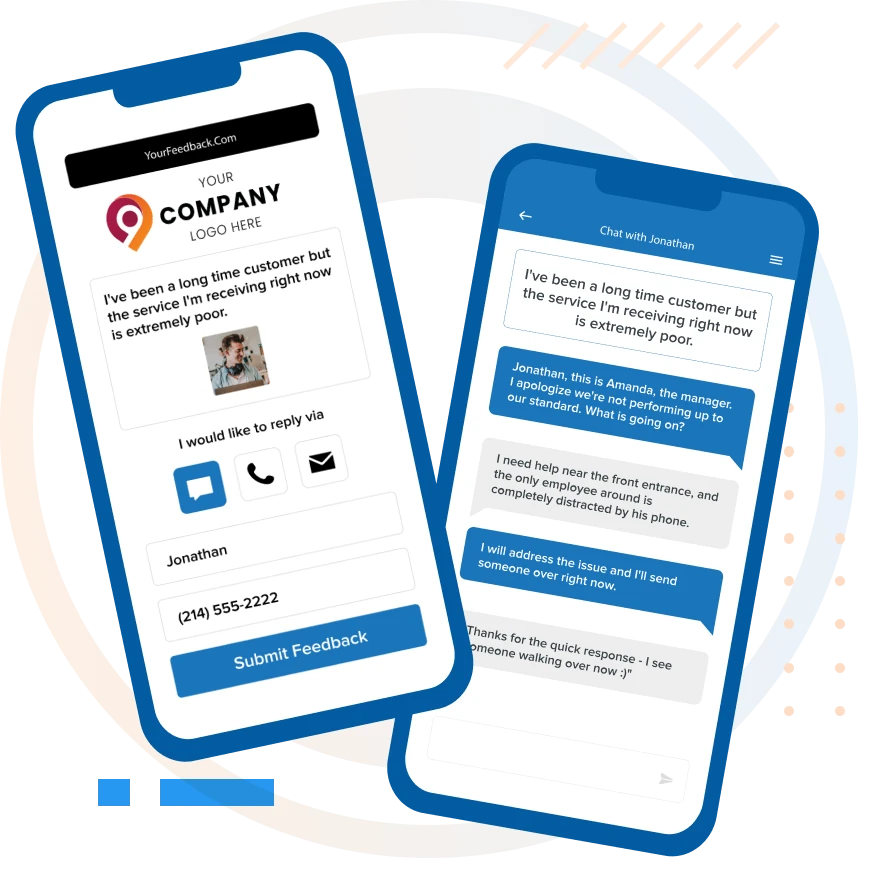 Get Real Time Feedback mobile experience showing customer feedback submission and real-time manager response